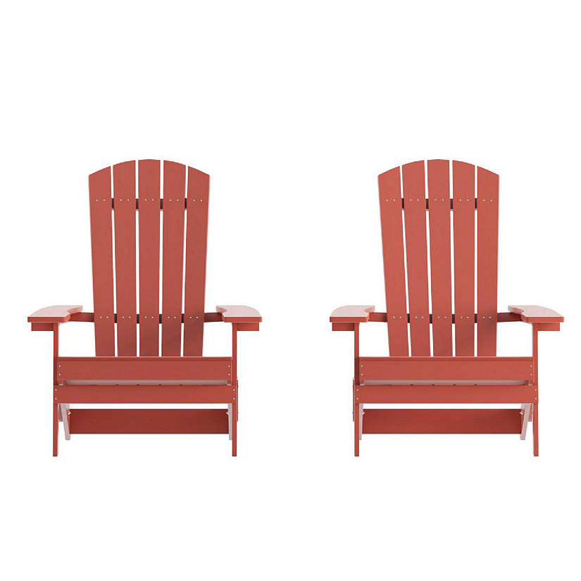 Merrick Lane Riviera Poly Resin Folding Adirondack Lounge Chairs - Red - Indoor/Outdoor - Weather Resistant - Set of 2 Image