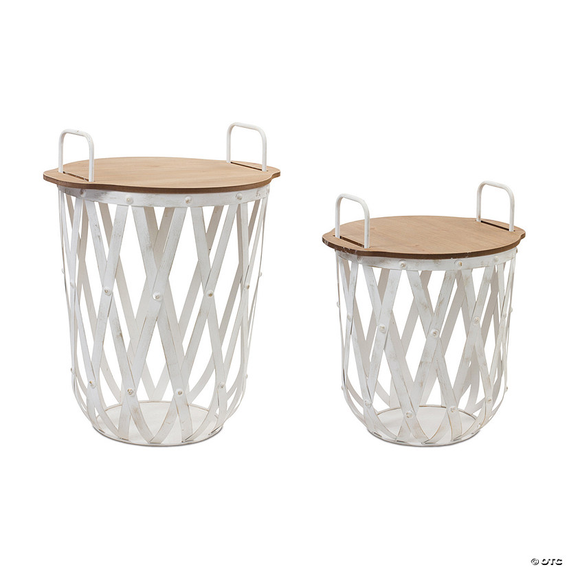 Metal And Wood Side Basket Table (Set Of 2) 18"H, 23"H Iron/Mdf Image