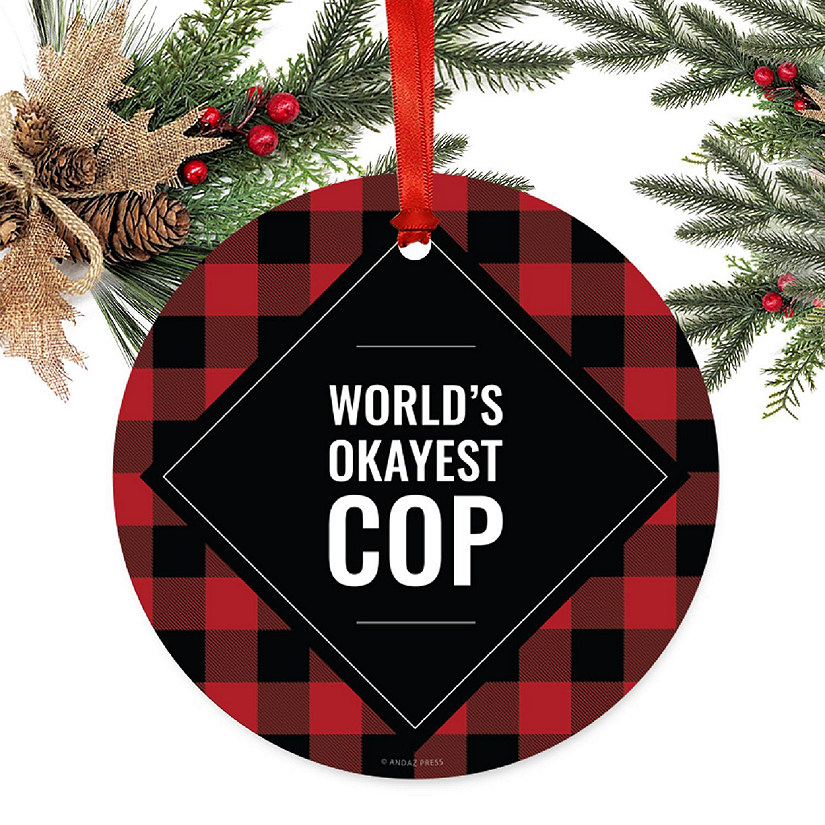 Metal Ornament Cop Red Black Plaid Image