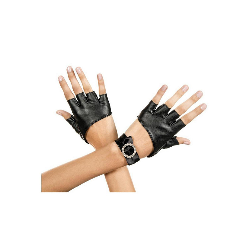 Metallic Fingerless Gloves with Rhinestone Wrist Band - Black Image