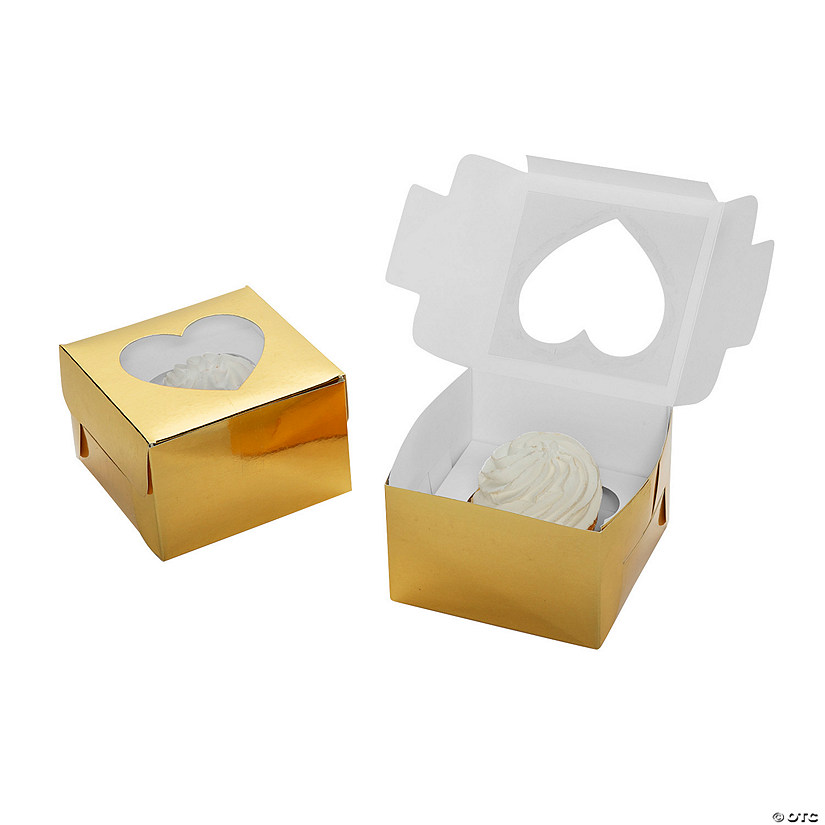 Metallic Gold Cupcake Boxes with Heart-Shaped Window - 12 Pc. Image