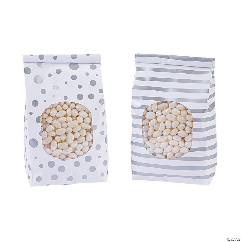 Metallic Silver Patterned Tin Tie Treat Bags with Window - 12 Pc. Image