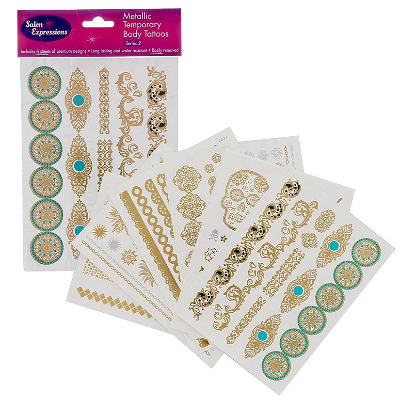 Metallic Temporary Tattoos - Six Sheets of Gold and Silver Bohemian Henna Tattoo (Series 2) Image