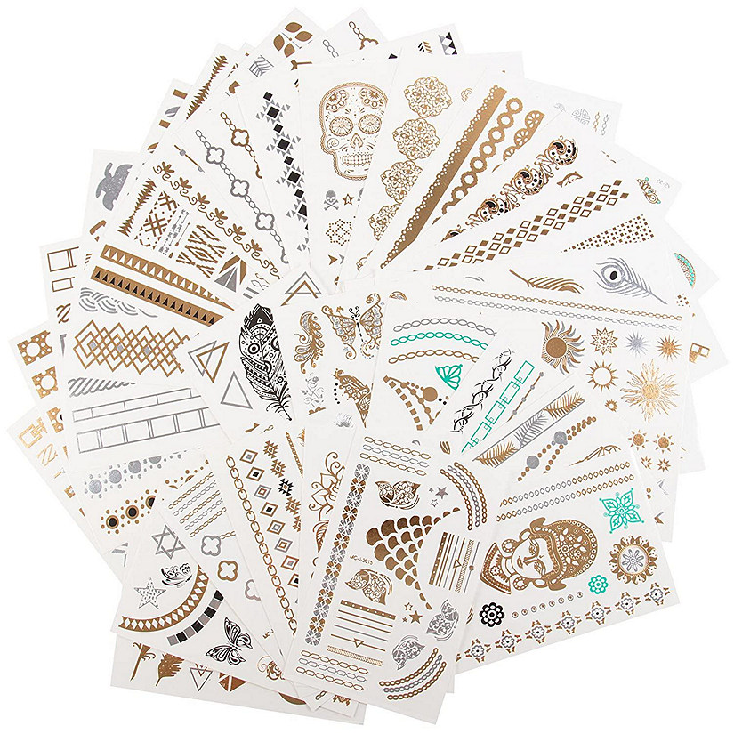 Metallic Temporary Tattoos- Six Sheets of Gold and Silver Long Lasting Fashion Designs (Series 5) Image