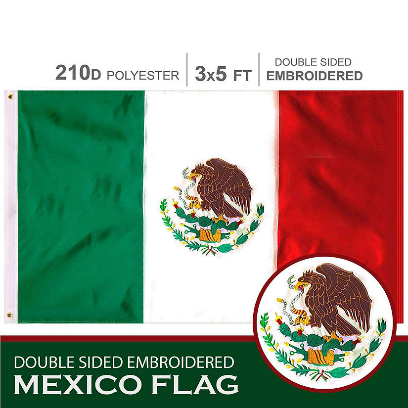 Mexico Mexican Flag 210D Embroidered Polyester 3x5 Ft  Double Sided 2ply Image
