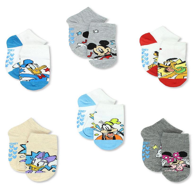 Mickey Mouse Minnie Pluto Donald Duck Boys Toddler 6 Pack Gripper Quarter  Socks (Small (4-6), Grey)