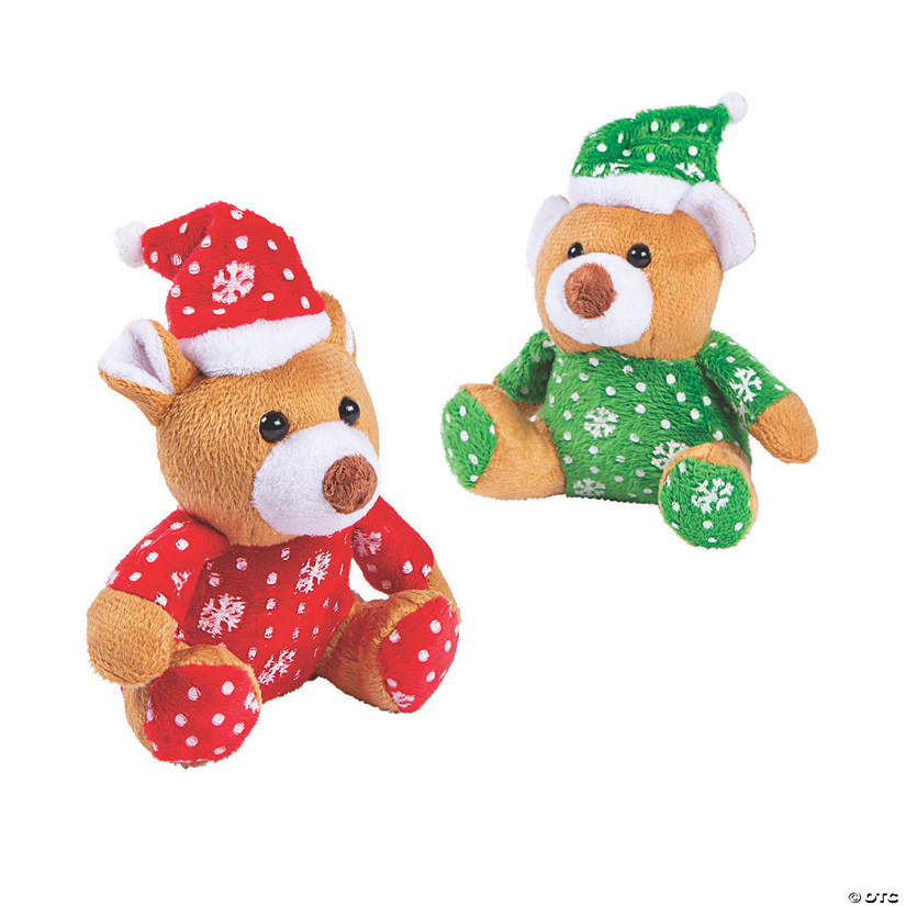 Mini Christmas Green & Red Santa Hats Brown Stuffed Bears - 12 Pc. Image