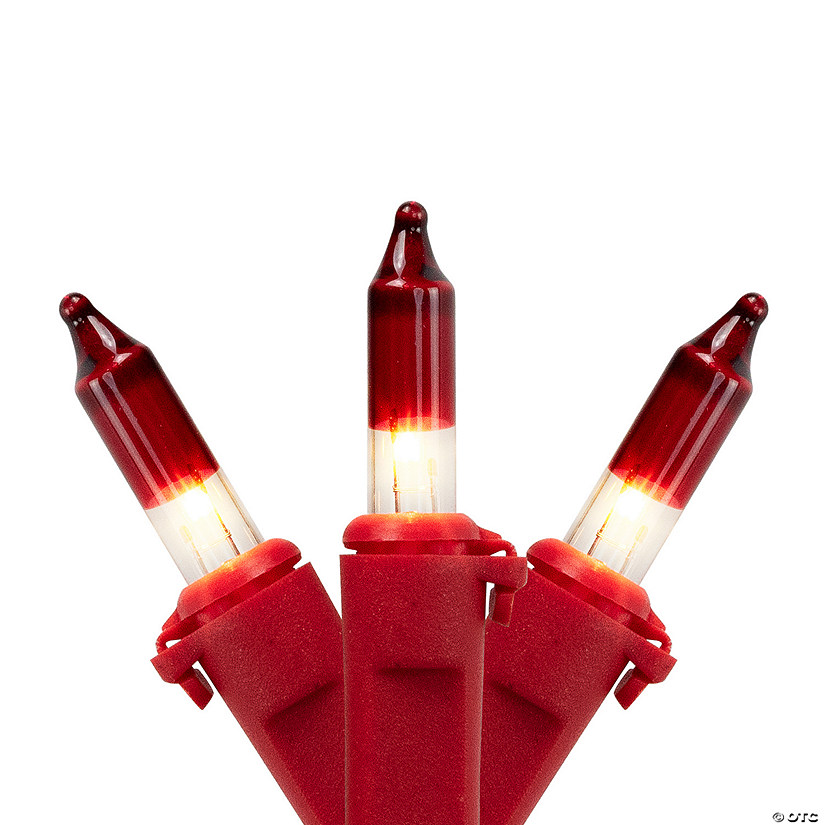 Mini Christmas Light Set- Clear with Red Tips - 10' Red Wire - 50ct Image