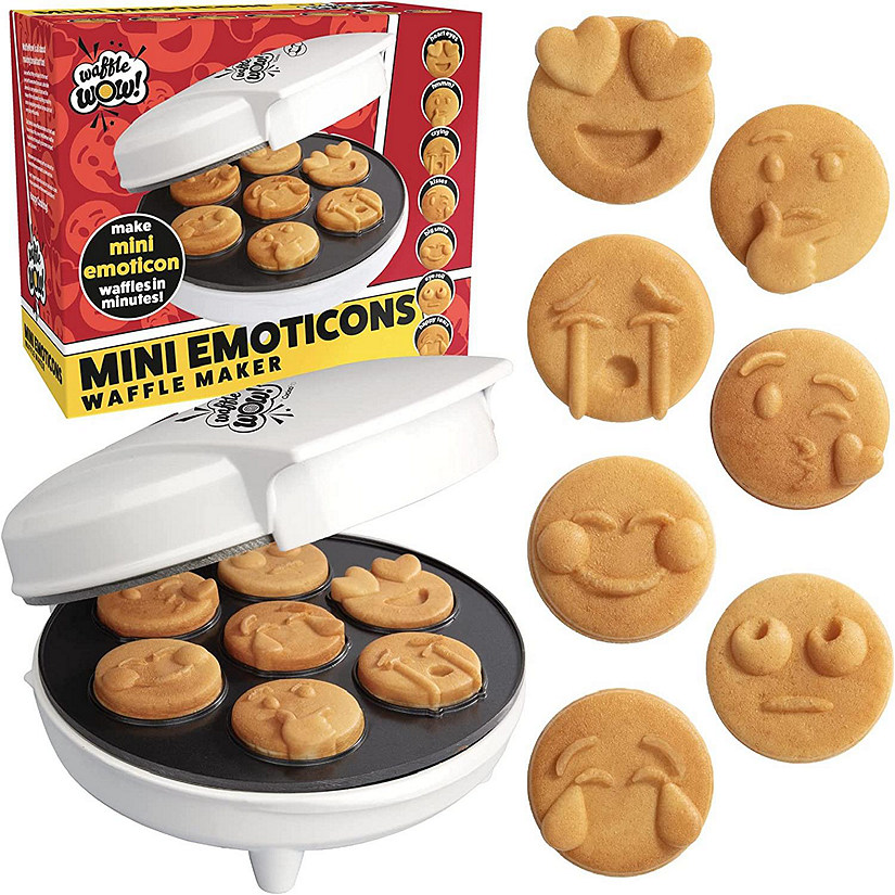 Mini Emoticon Smiley Faces Waffle Maker - Create 7 Unique Waffles or Pancakes w Electric Non Stick Waffler Iron - Featuring a Kiss Face &amp; Heart Eyes Image