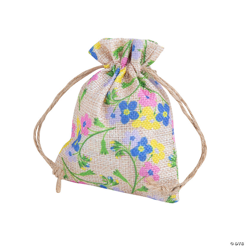 Mini Floral Print Burlap Drawstring Bags &#8211; 12 Pc. Image