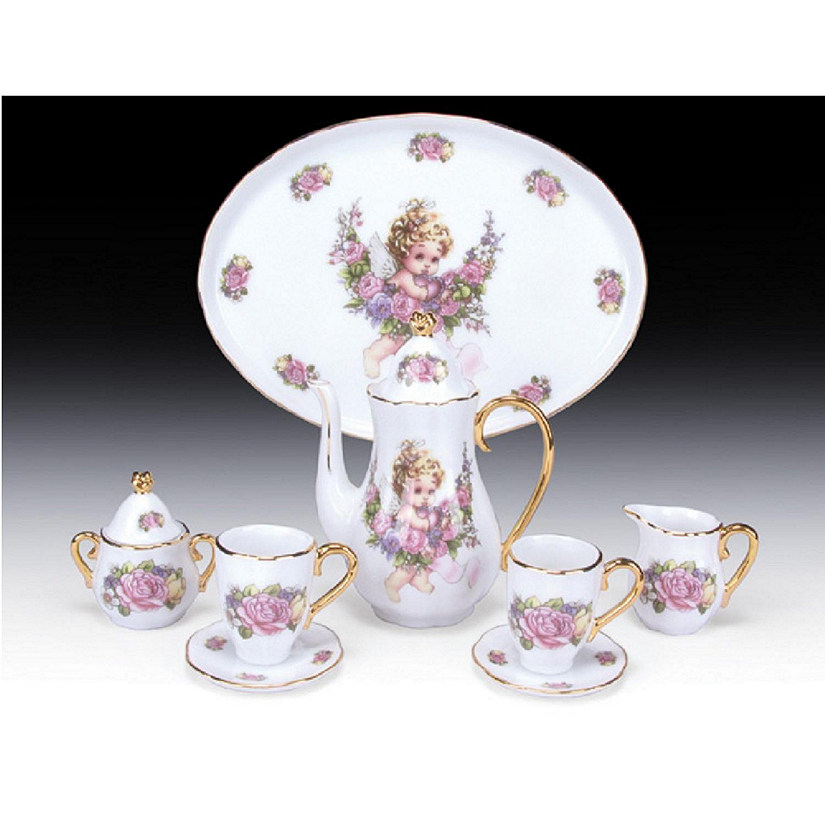 Miniature Porcelain 10 Piece Tea Set with Cherub Pattern New