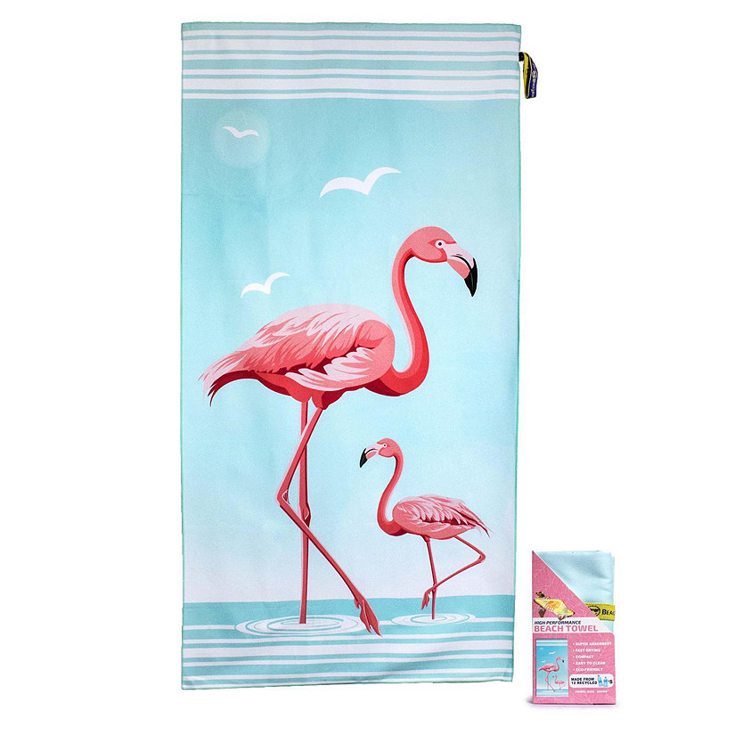 MinxNY - Premium, Compact Large Beach Towel- Blue Beach Flamingo Image