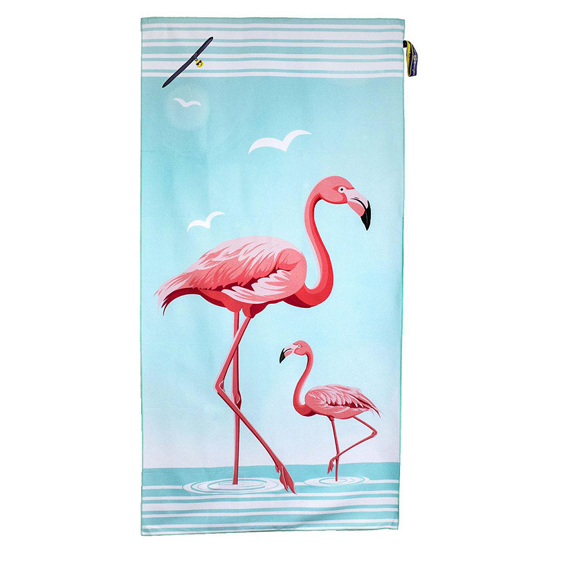MinxNY - Premium, Compact Large Beach Towel With Pocket- Pink Flamingo Image