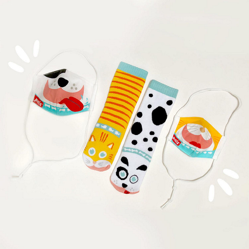 Mismatched Non-Slip Cat & Dog Kids Socks PLUS Reversible Face Mask! (Sock Size: Kids Large, for ages 4-6 years) Image
