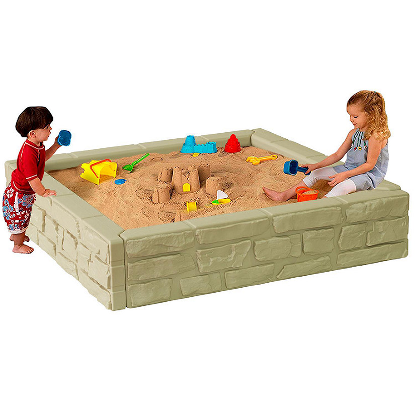 Modern Home 4ft x 4ft All Weather Stone Outdoor Sandbox Kit w/Cover - Sand Play Box w/Liner (Beige) Image