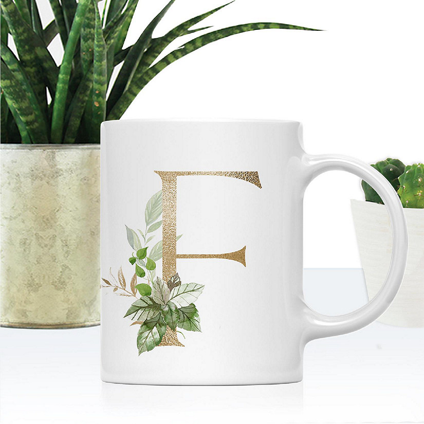 Monogram F Ceramic Mug Gold Palm Image