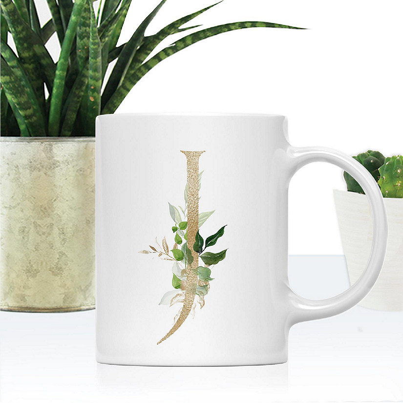 Monogram J Ceramic Mug Gold Palm Image