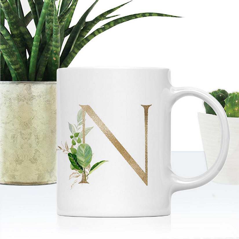 Monogram N Ceramic Mug Gold Palm Image