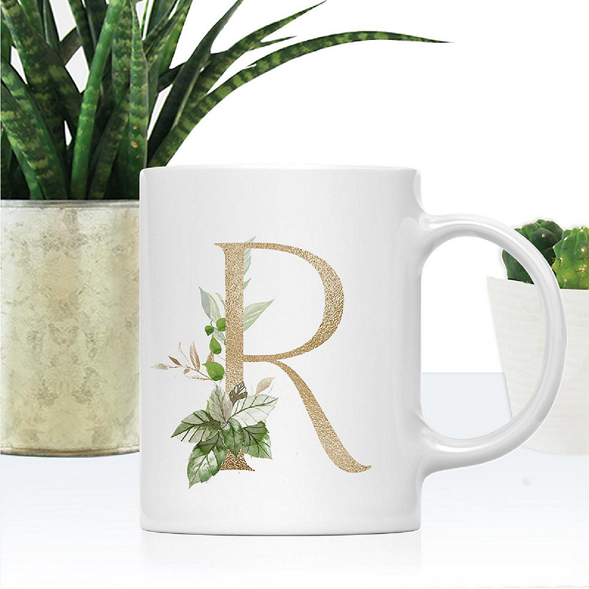 Monogram R Ceramic Mug Gold Palm Image