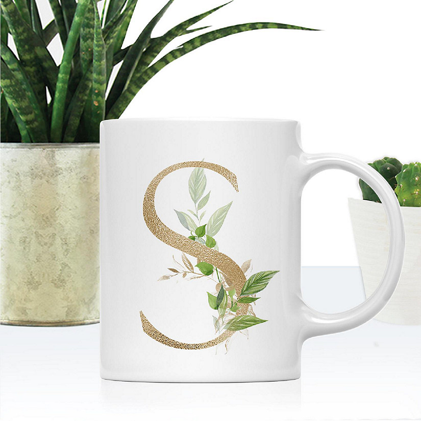 Monogram S Ceramic Mug Gold Palm Image