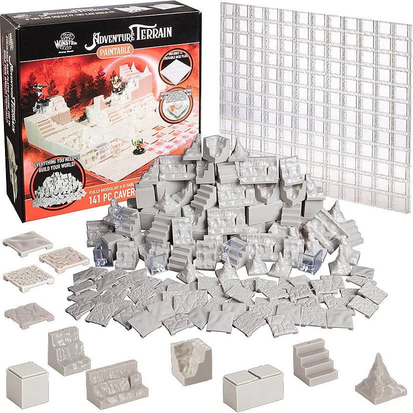 Monster Adventure Terrain- 141pc Paintable Cavern Set w Baseplate- Fully Modular and Stackable 3-D Tabletop World Builder Compatible with DND Dungeons Dragons, Image