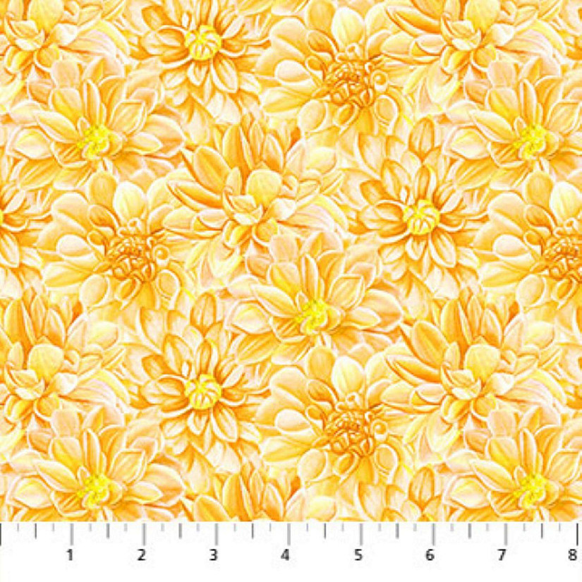 Morning Blossom Yellow Dahlia Toss Cotton Fabric by Northcott BTY Image