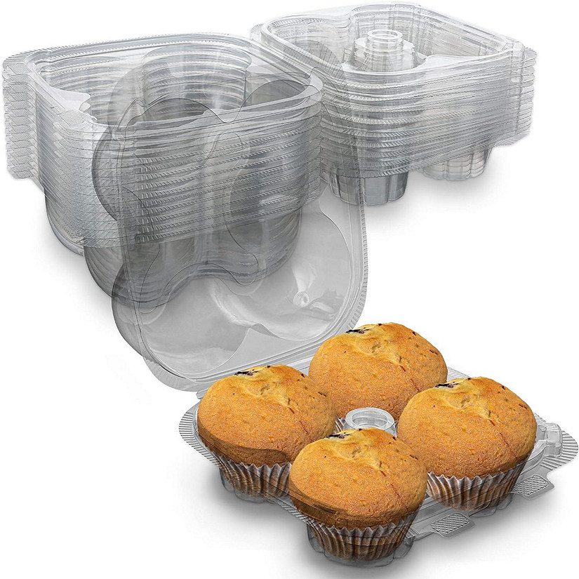 MT Products 4 Compartment Clear Plastic Cupcake Containers with Hinged Lid - Pack of 15 Image
