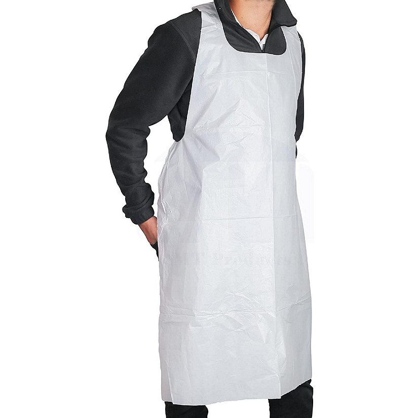 MT Products 46" x 28" White Disposable Heavy Weight Poly Kitchen Apron - Pack of 100 Image