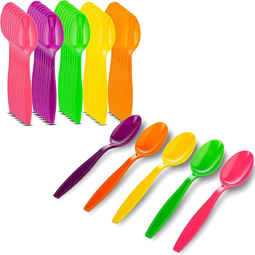 MT Products 8" x 1.10" Assorted Colors Disposable Plastic Spoons - 50 Pieces Image
