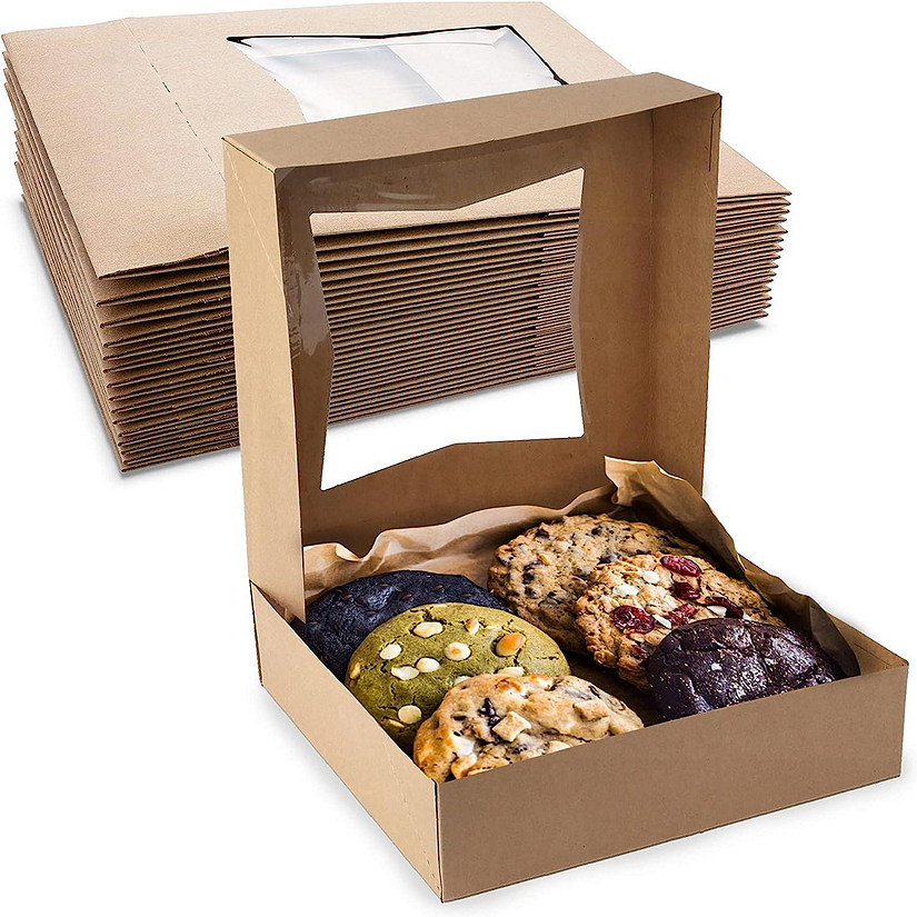 MT Products Cookie Box - 8" x 8" x 2.5" Brown Bakery Boxes with Window - Pack of 15 Image