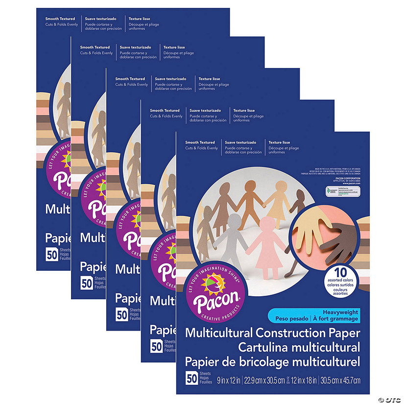 Multicultural Construction Paper, 5 Assorted Colors, 12" x 18", 50 Sheets Per Pack, 5 Packs Image