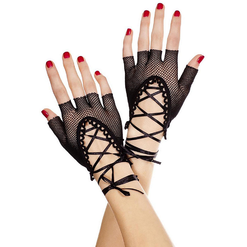 Music Legs 413-BLACK Lace Up Wrist Length Fishnet Fingerless Gloves - Black - One Size Image