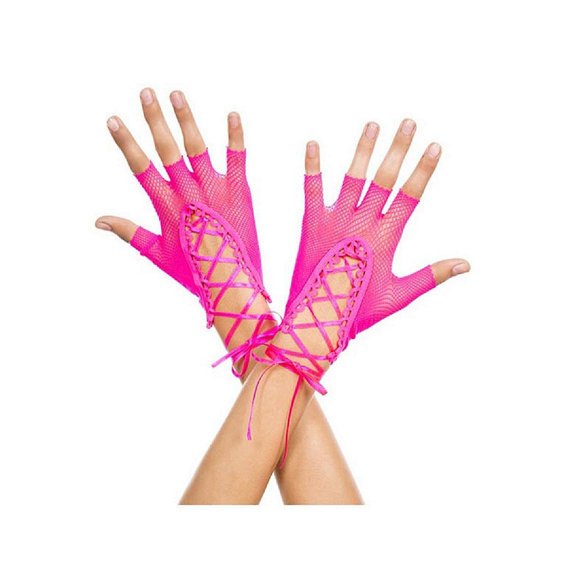 Music Legs 413-HOTPINK Lace Up Wrist Length Fishnet Fingerless Gloves, Hot Pink Image