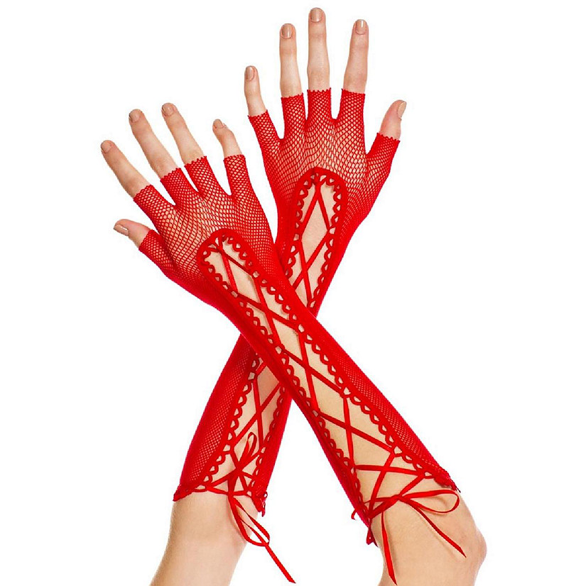 Music Legs 433-RED Fingerless Lace Up Fishnet Elbow Length Warmers Gloves - Red Image