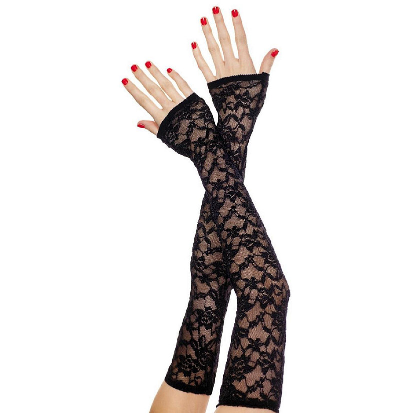 Music Legs 475-BLACK Extra Long Fingerless Lace Gloves, Black Image