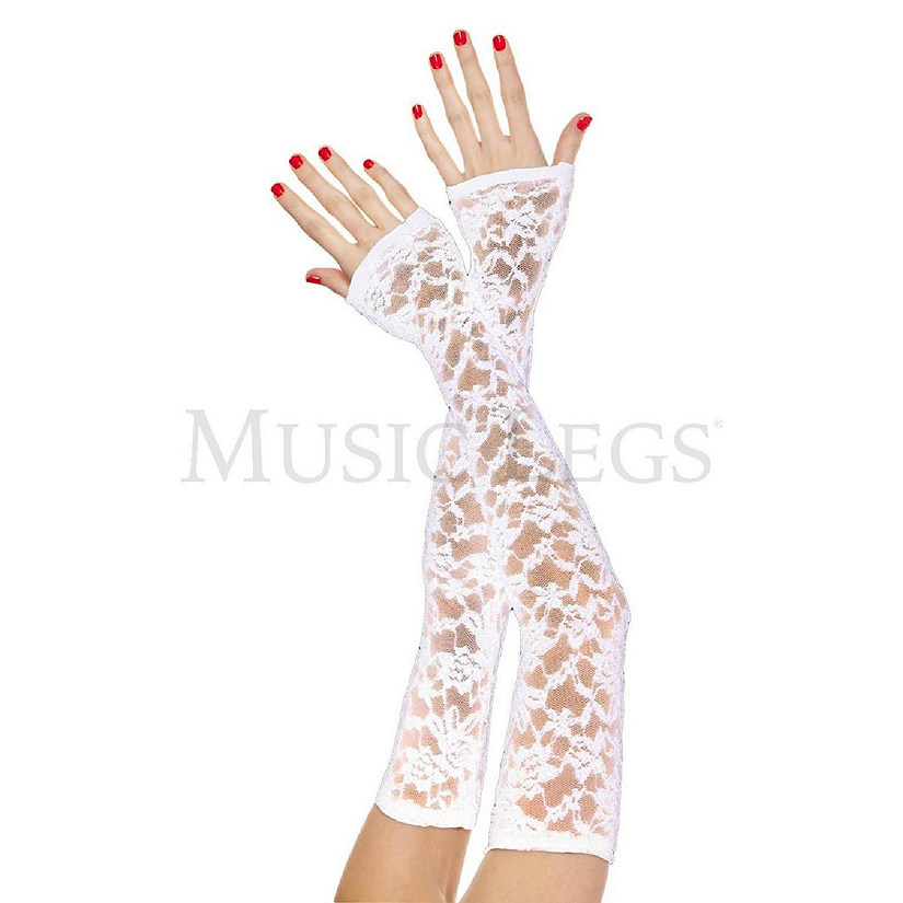 Music Legs 475-WHITE Extra Long Fingerless Lace Gloves - White - One Size Image