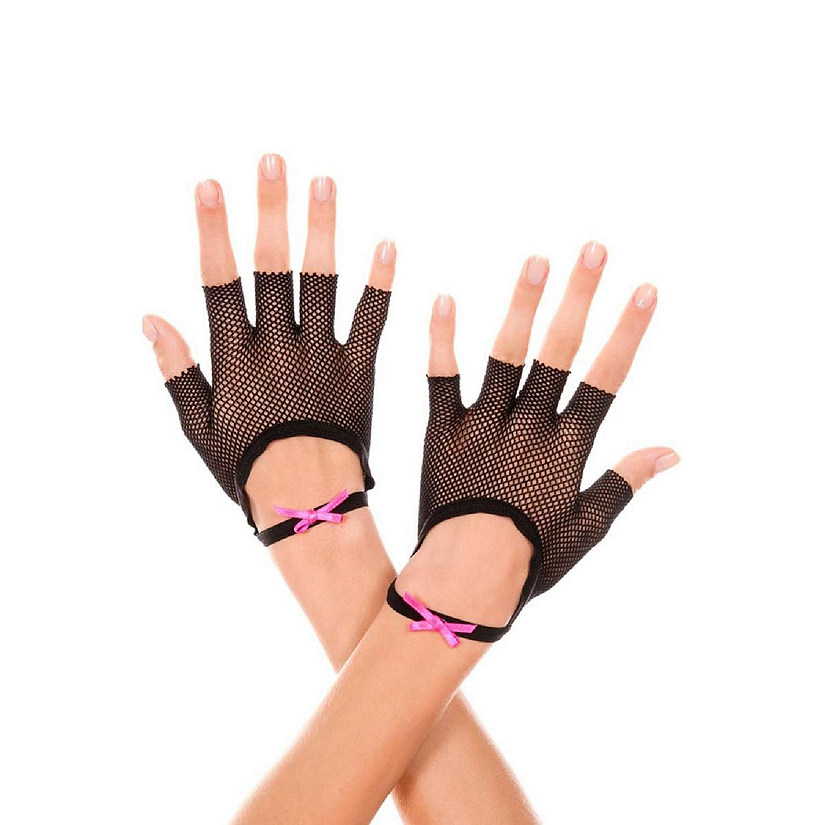 Music Legs 477-BLACK-PINK Fishnet Fingerless Gloves with Satin Bow Wrist Band - Black & Pink Image