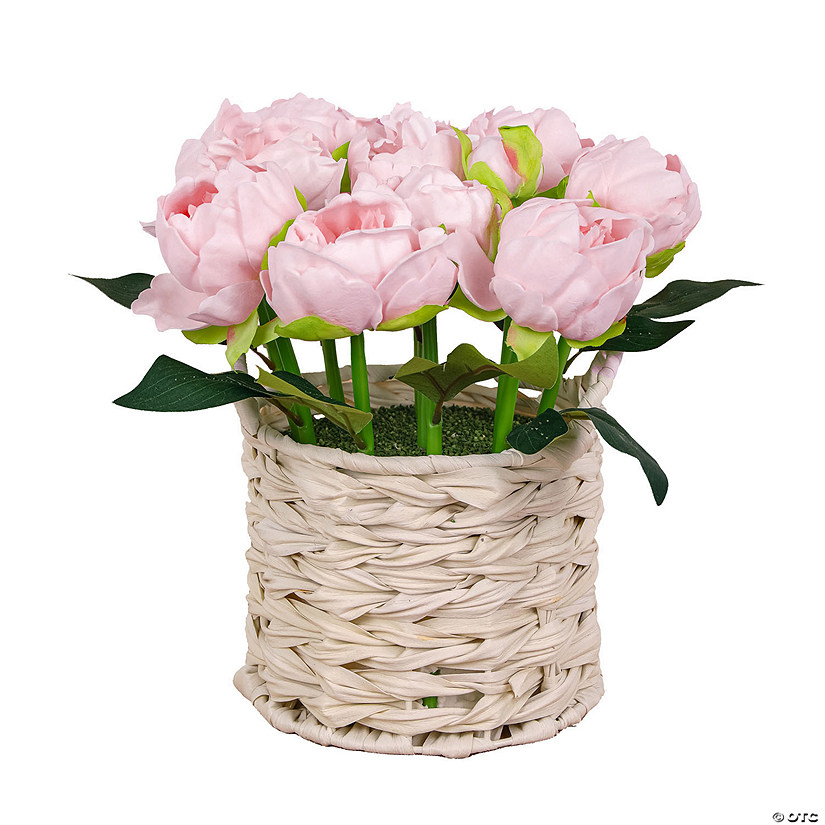 National Tree Company 10" Light Pink Peony Flower Bouquet In White Basket Image
