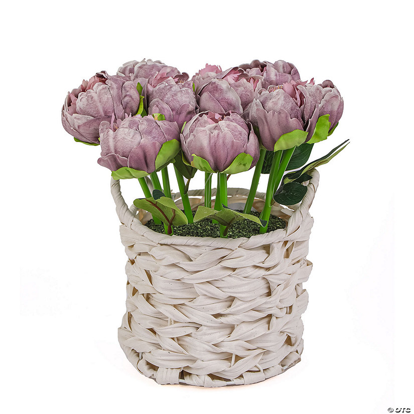 National Tree Company 10" Light Purple Peony Flower Bouquet In White Basket Image