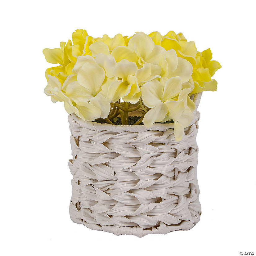 National Tree Company 10" Light Yellow Hydrangea Bouquet In White Basket Image