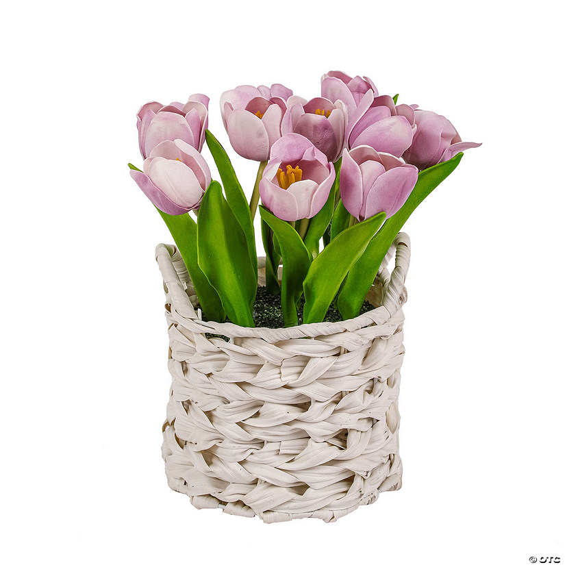 National Tree Company 10" Mauve Tulip Bouquet In White Basket Image