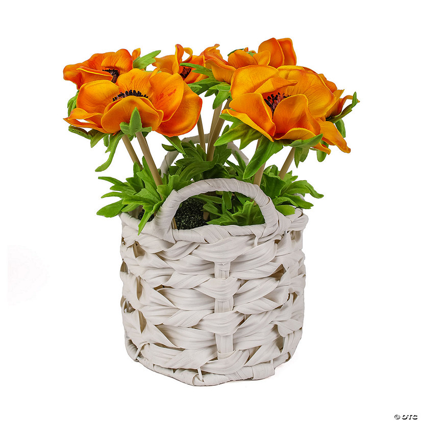 National Tree Company 10" Orange Anemone Flower Bouquet In White Basket Image