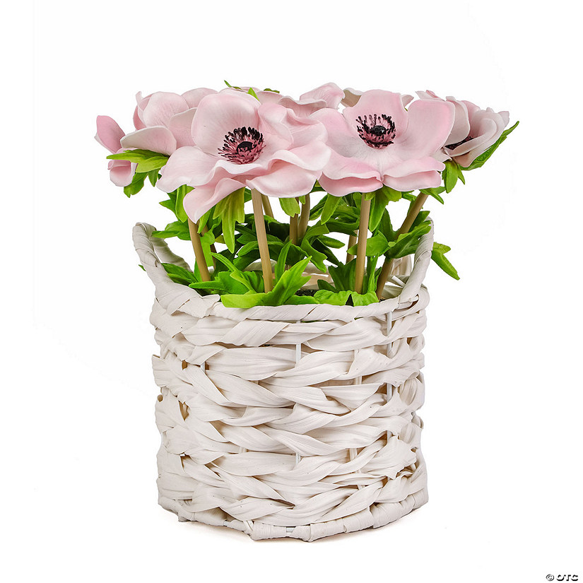 National Tree Company 10" Pink Anemone Flower Bouquet In White Basket Image