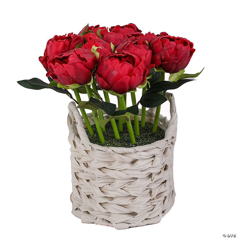 National Tree Company 10" Red Peony Flower Bouquet In White Basket Image