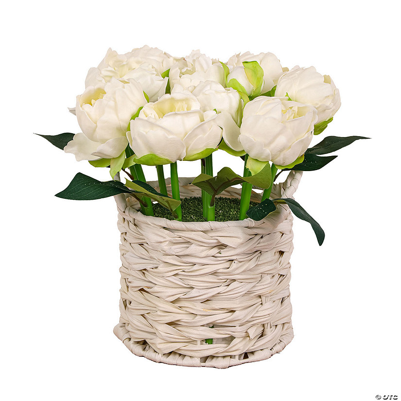 National Tree Company 10" White Peony Flower Bouquet In White Basket Image