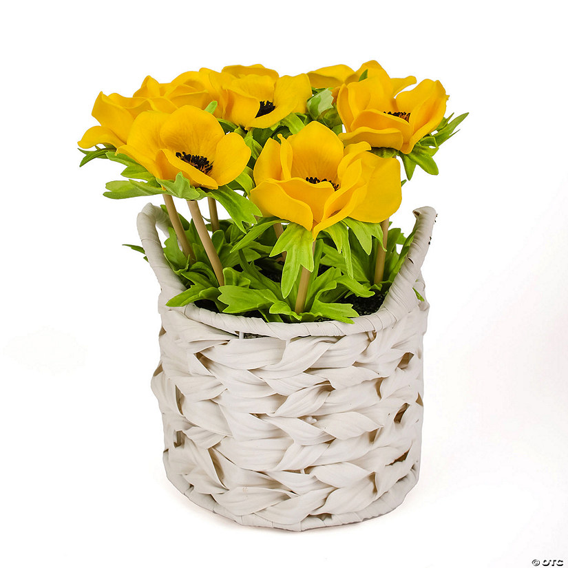 National Tree Company 10" Yellow Anemone Flower Bouquet In White Basket Image