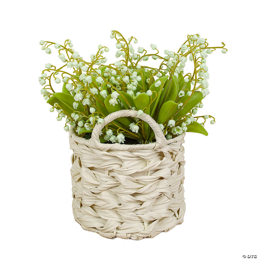 National Tree Company 11" Green Lily-Of-The-Valley Flowers In White Basket Image