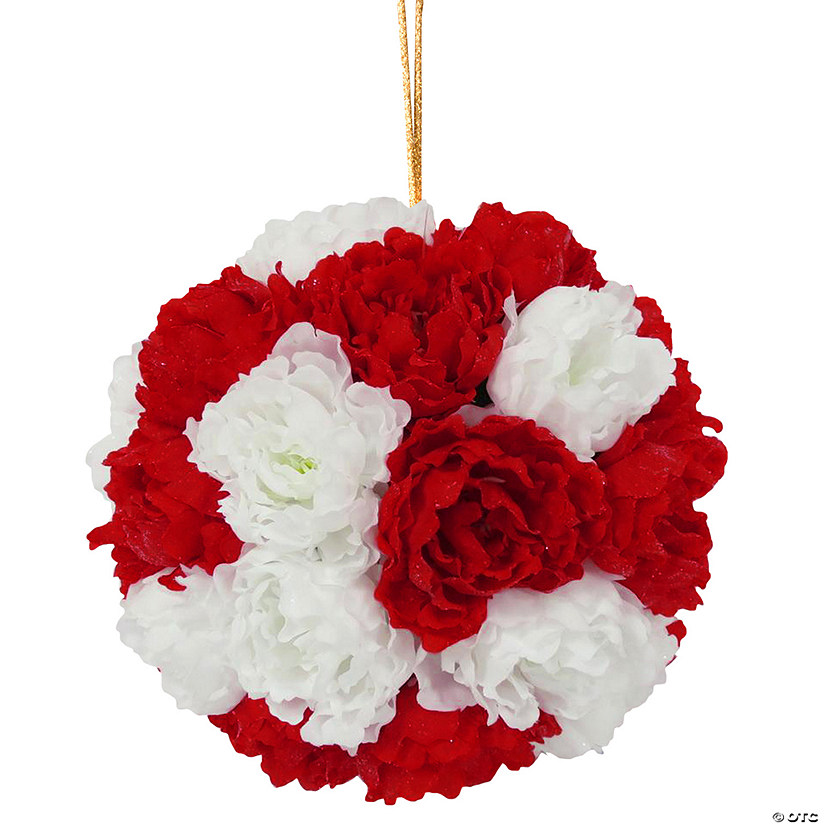 National Tree Company 12" Glittery Peony Hanging Ball-Red & White Image