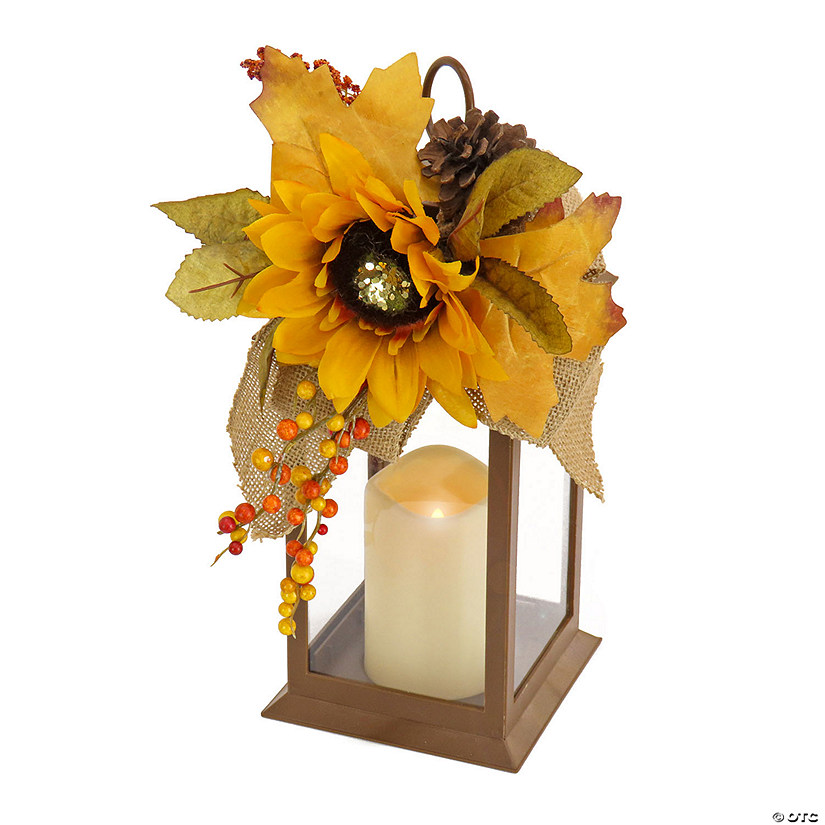 National Tree Company 14 in. Sunflower and Burlap Bow Decorated Harvest Lantern Image