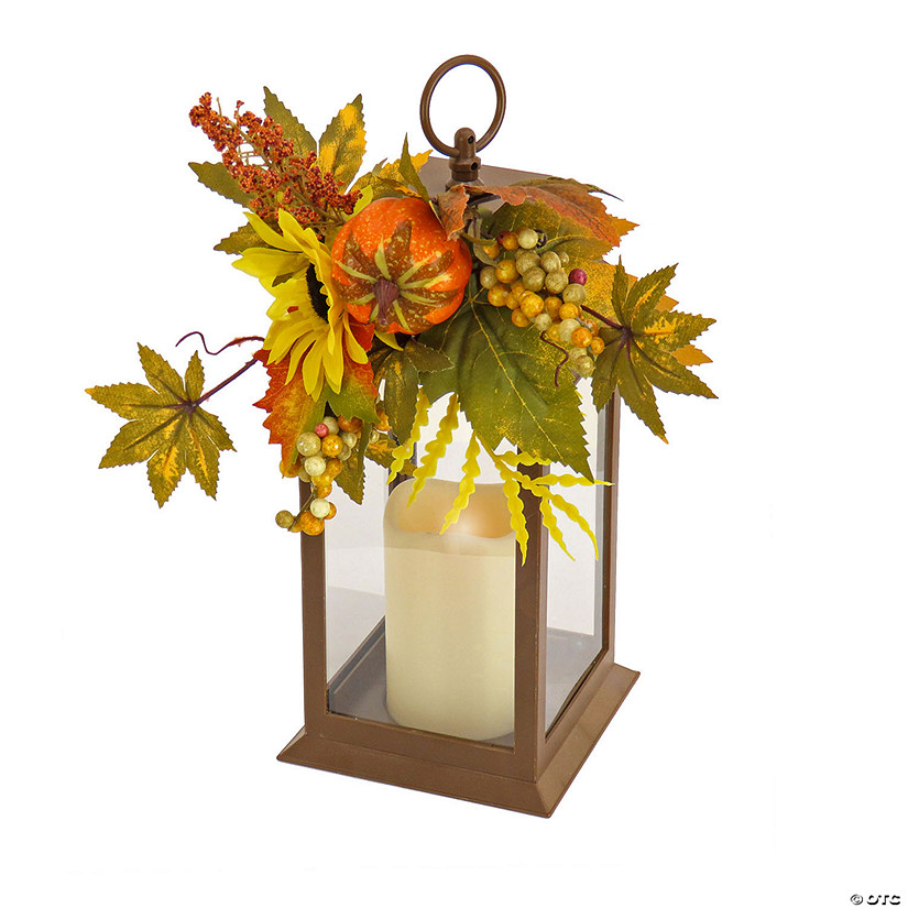 National Tree Company 14 in. Sunflower and Pumpkin Decorated Harvest Lantern Image